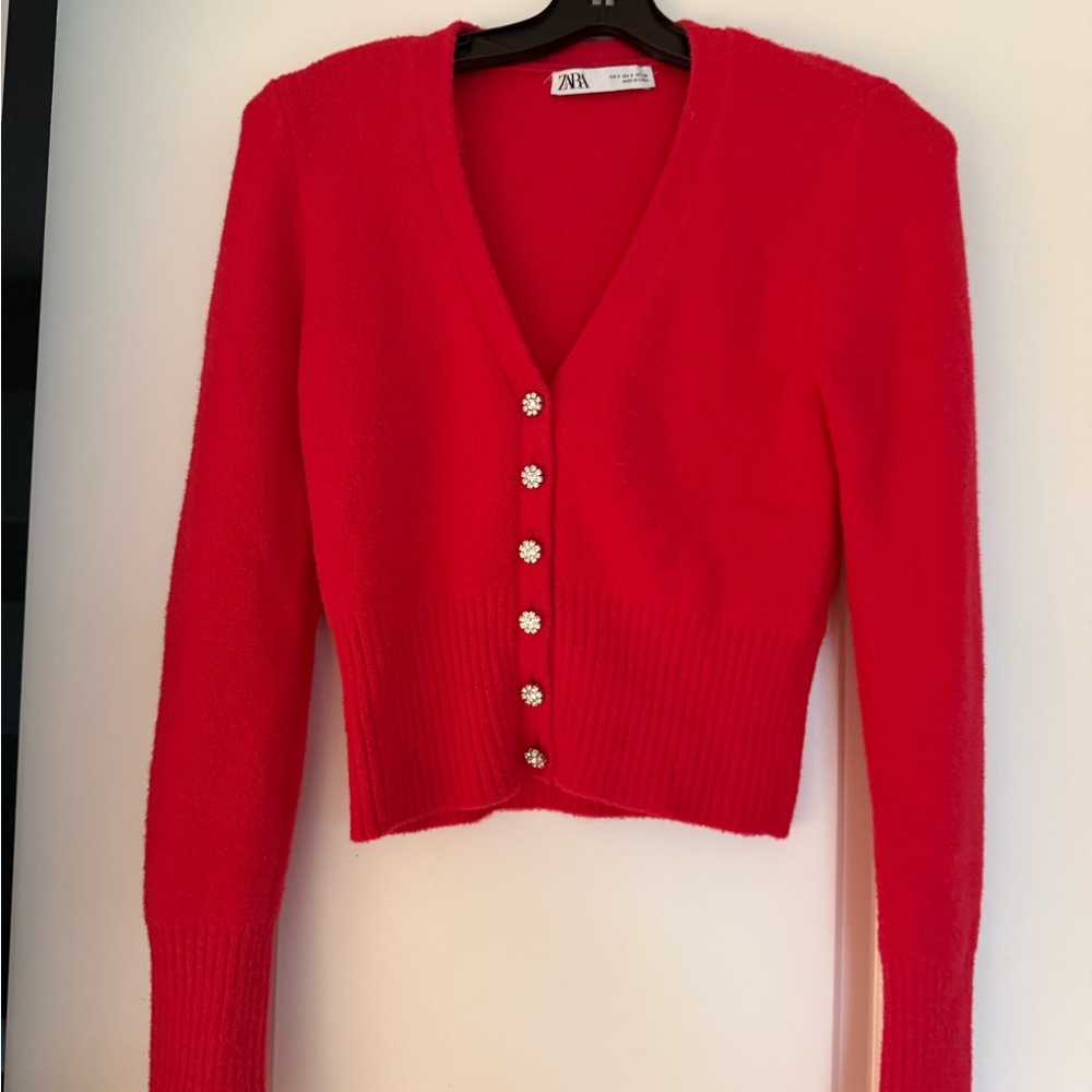 Zara Bright Coral V-Neck Cropped Cardigan with Jewel Buttons Small
